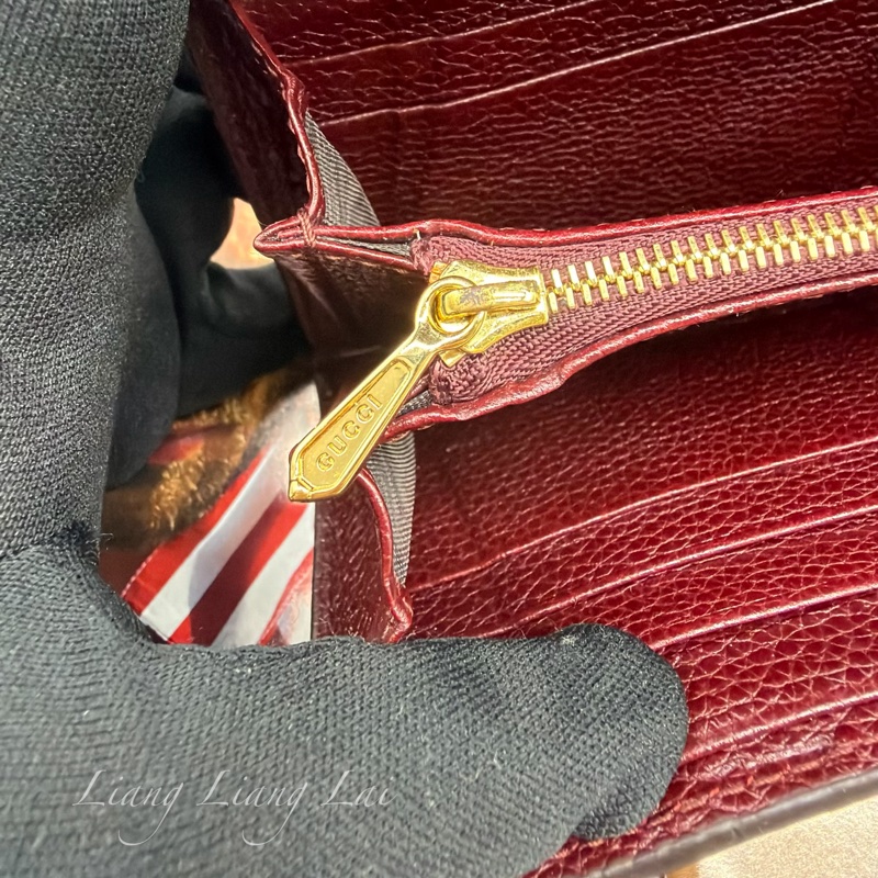 GUCCI 古馳 經典GG Zuni 荔枝紋牛皮酒紅色扣式長夾-11