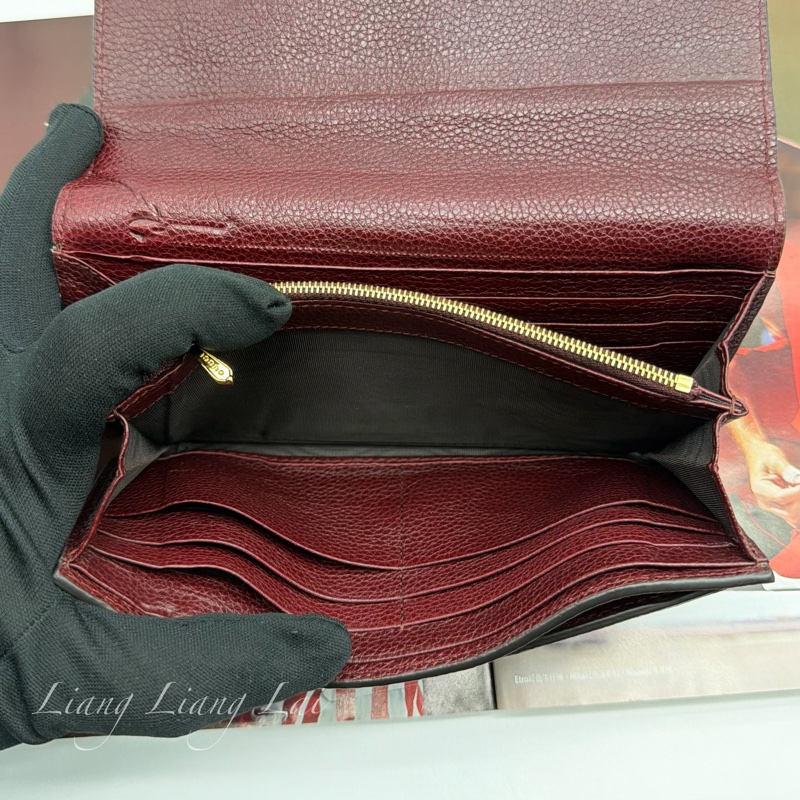 GUCCI 古馳 經典GG Zuni 荔枝紋牛皮酒紅色扣式長夾-12