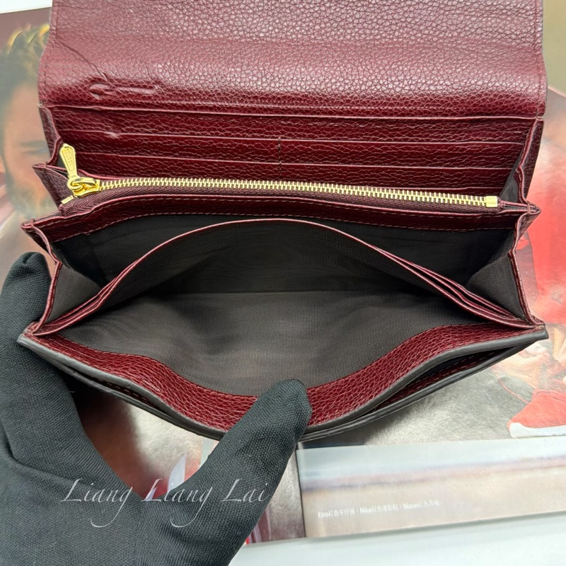 GUCCI 古馳 經典GG Zuni 荔枝紋牛皮酒紅色扣式長夾-13