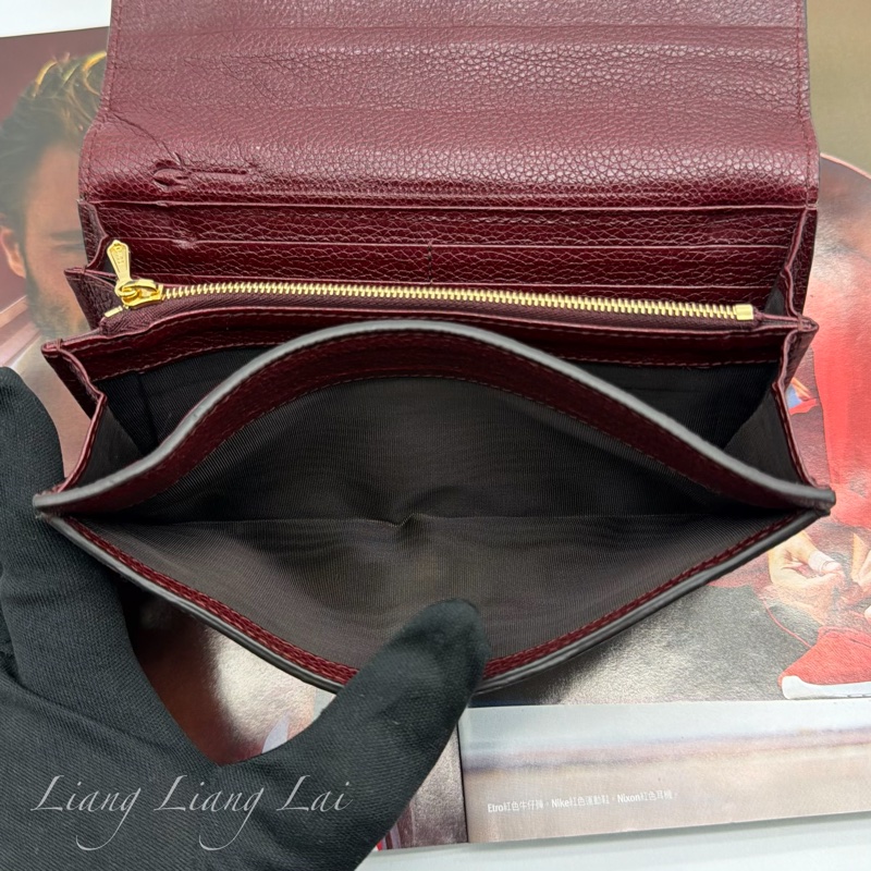 GUCCI 古馳 經典GG Zuni 荔枝紋牛皮酒紅色扣式長夾-14