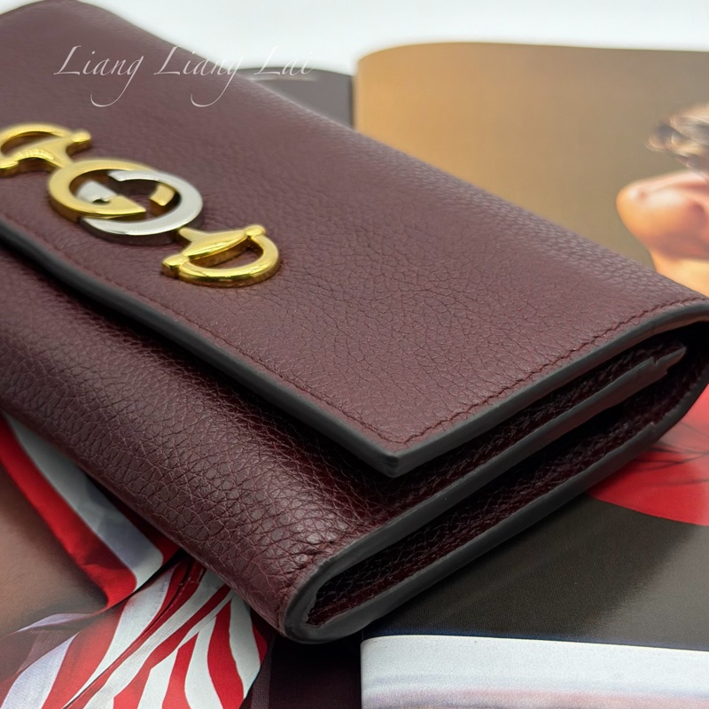 GUCCI 古馳 經典GG Zuni 荔枝紋牛皮酒紅色扣式長夾-24