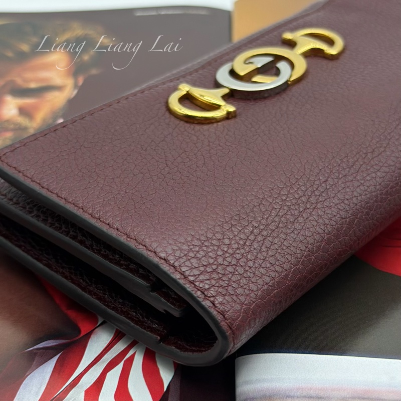 GUCCI 古馳 經典GG Zuni 荔枝紋牛皮酒紅色扣式長夾-25