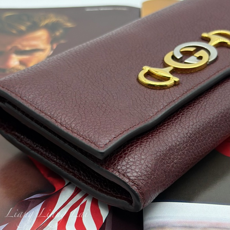 GUCCI 古馳 經典GG Zuni 荔枝紋牛皮酒紅色扣式長夾-26