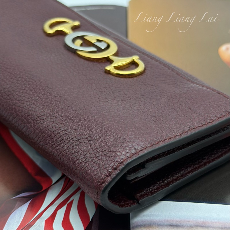 GUCCI 古馳 經典GG Zuni 荔枝紋牛皮酒紅色扣式長夾-27