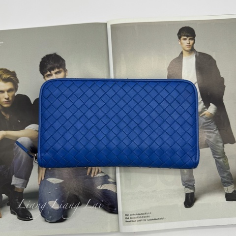 BOTTEGA VENETA BV經典小羊皮編織寶藍色拉鏈長夾