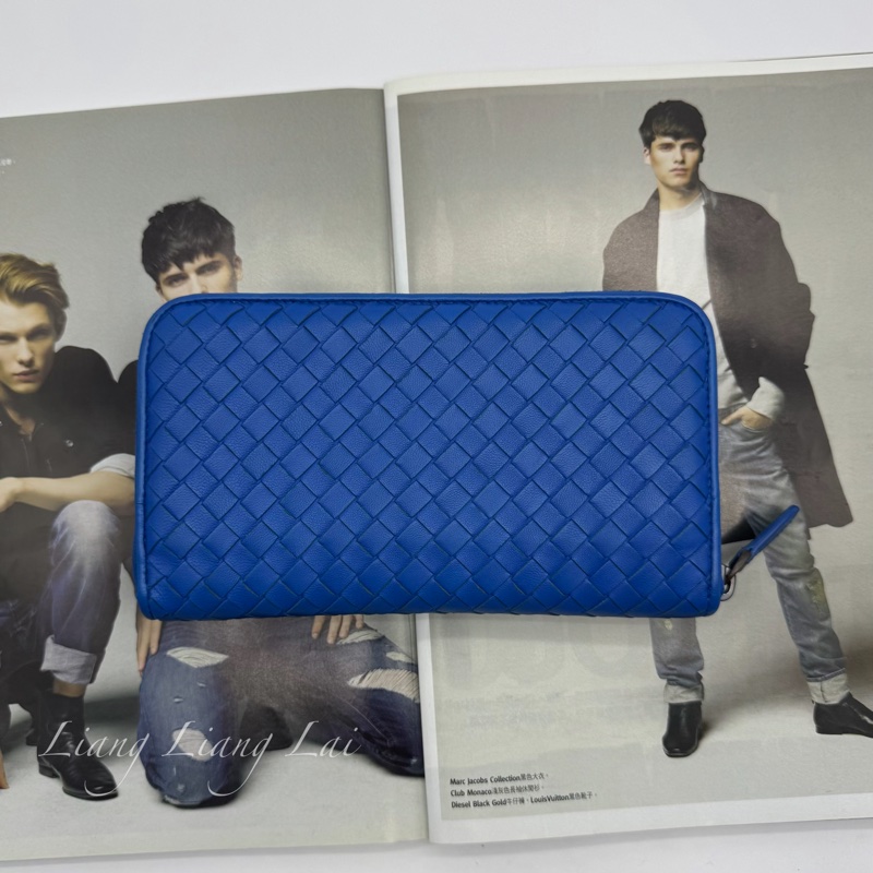 BOTTEGA VENETA BV經典小羊皮編織寶藍色拉鏈長夾-1