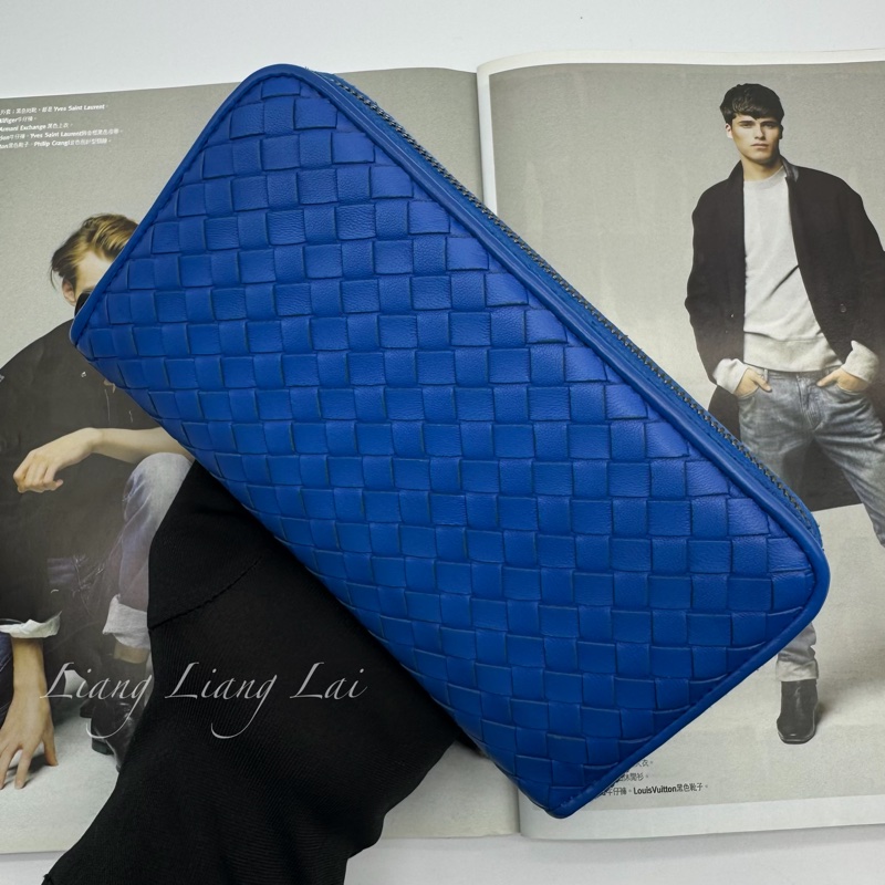 BOTTEGA VENETA BV經典小羊皮編織寶藍色拉鏈長夾-14