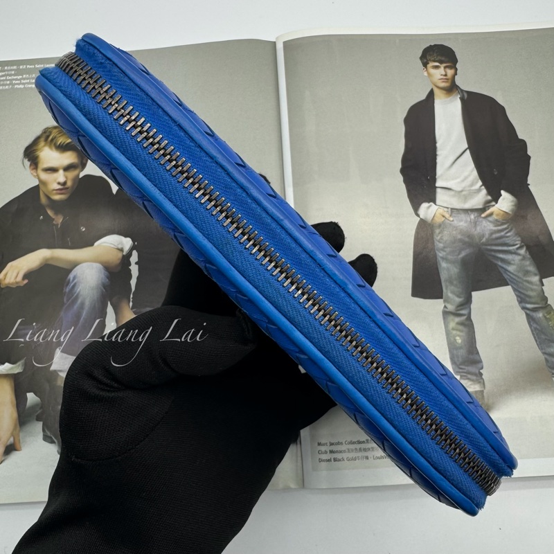 BOTTEGA VENETA BV經典小羊皮編織寶藍色拉鏈長夾-16