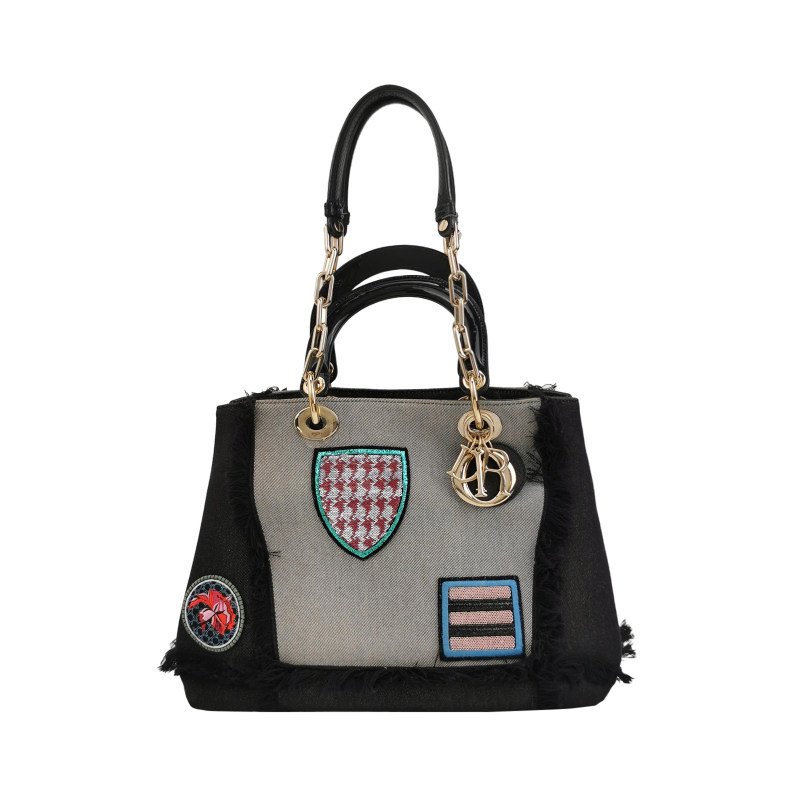 Dior D-Light帆布拼色徽章貼飾字母Logo吊飾單肩包-0