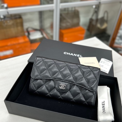 【88🆕】Chanel 黑銀荔枝牛皮長款錢包