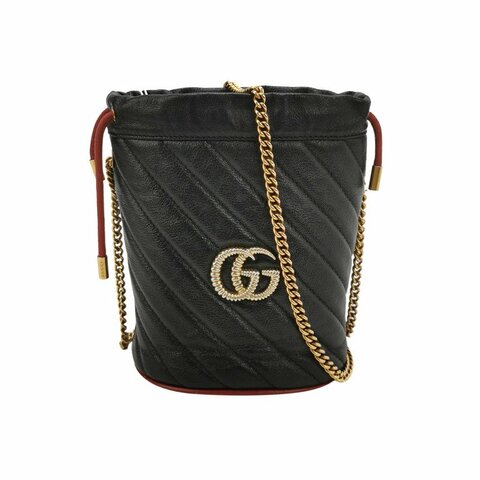 Gucci GG Marmont迷你牛皮撞色滾邊雙G標誌水桶包斜挎包