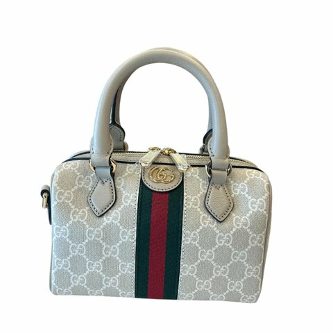 GUCCI米白色字紋PVC皮紅綠條波士頓兩用包