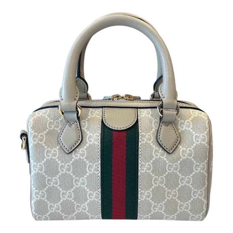 GUCCI米白色字紋PVC皮紅綠條波士頓兩用包-1