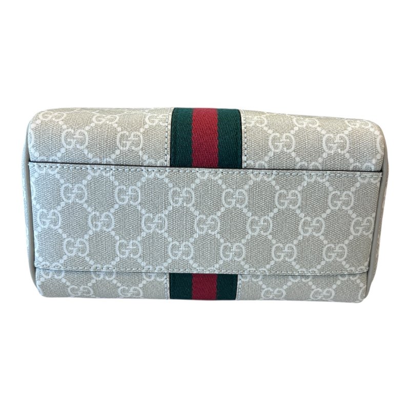 GUCCI米白色字紋PVC皮紅綠條波士頓兩用包-2