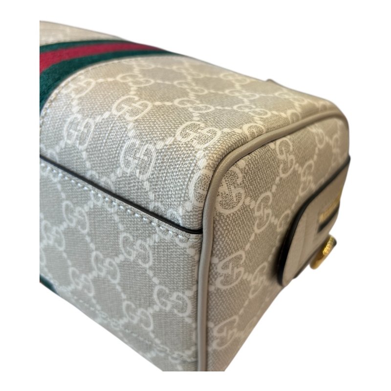 GUCCI米白色字紋PVC皮紅綠條波士頓兩用包-3