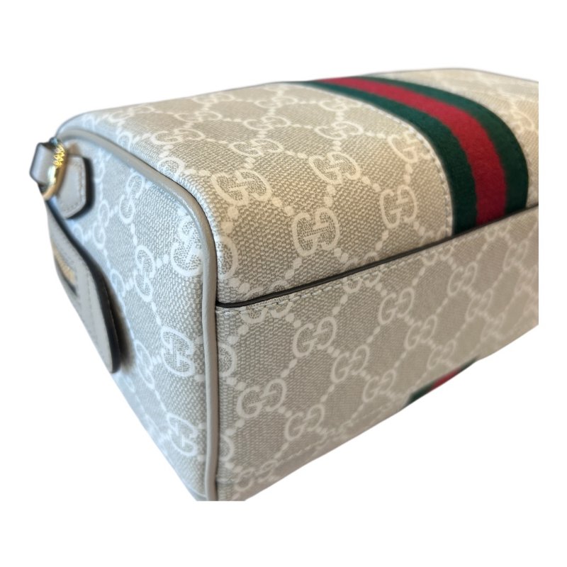 GUCCI米白色字紋PVC皮紅綠條波士頓兩用包-4