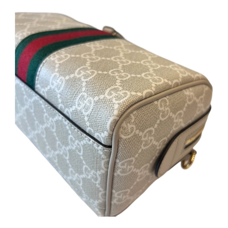 GUCCI米白色字紋PVC皮紅綠條波士頓兩用包-5