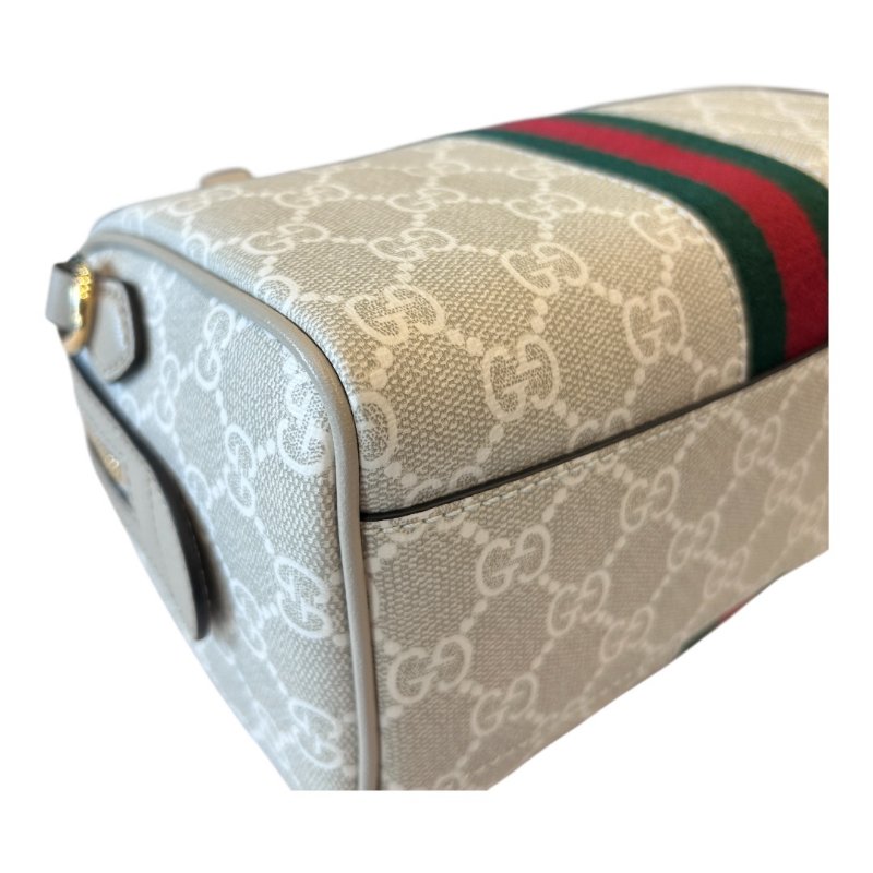 GUCCI米白色字紋PVC皮紅綠條波士頓兩用包-6