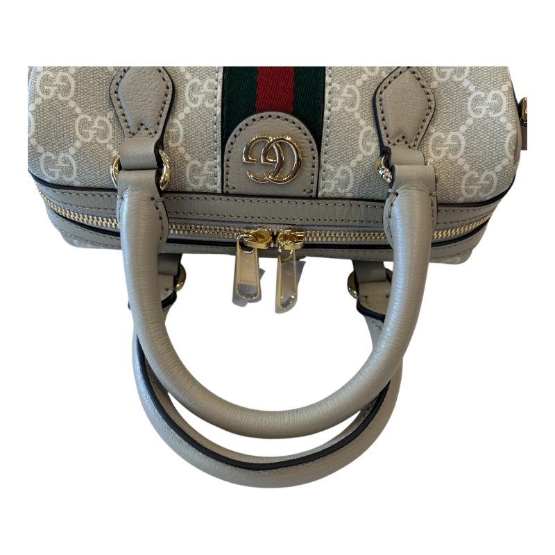 GUCCI米白色字紋PVC皮紅綠條波士頓兩用包-7