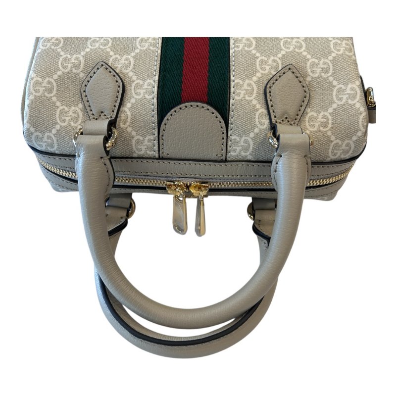 GUCCI米白色字紋PVC皮紅綠條波士頓兩用包-8