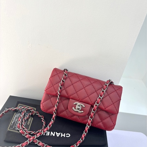 【閒置保存品99新】 Chanel 復古紅銀荔枝牛皮大mini 單肩包