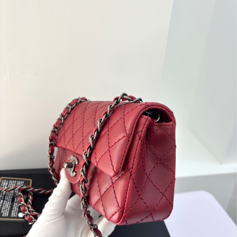 【閒置保存品99新】 Chanel 復古紅銀荔枝牛皮大mini 單肩包-1