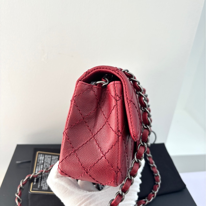 【閒置保存品99新】 Chanel 復古紅銀荔枝牛皮大mini 單肩包-2