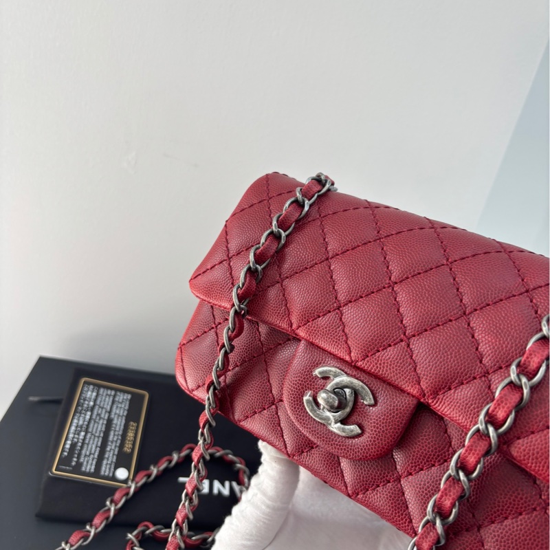 【閒置保存品99新】 Chanel 復古紅銀荔枝牛皮大mini 單肩包-3