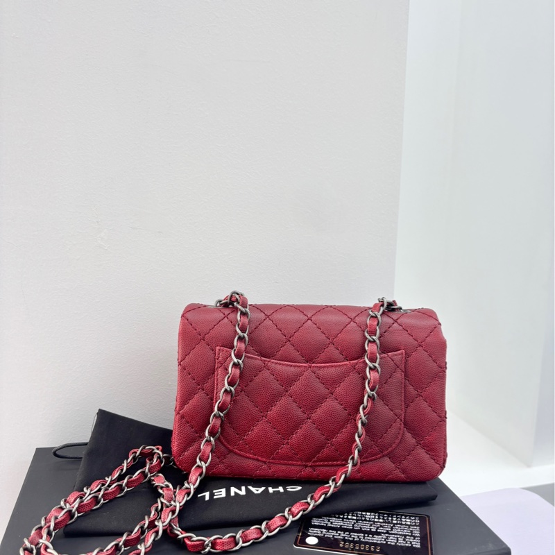 【閒置保存品99新】 Chanel 復古紅銀荔枝牛皮大mini 單肩包-4