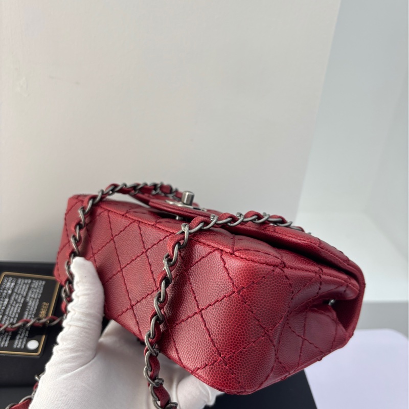 【閒置保存品99新】 Chanel 復古紅銀荔枝牛皮大mini 單肩包-5