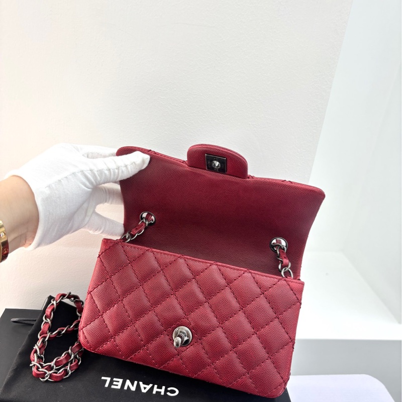 【閒置保存品99新】 Chanel 復古紅銀荔枝牛皮大mini 單肩包-7