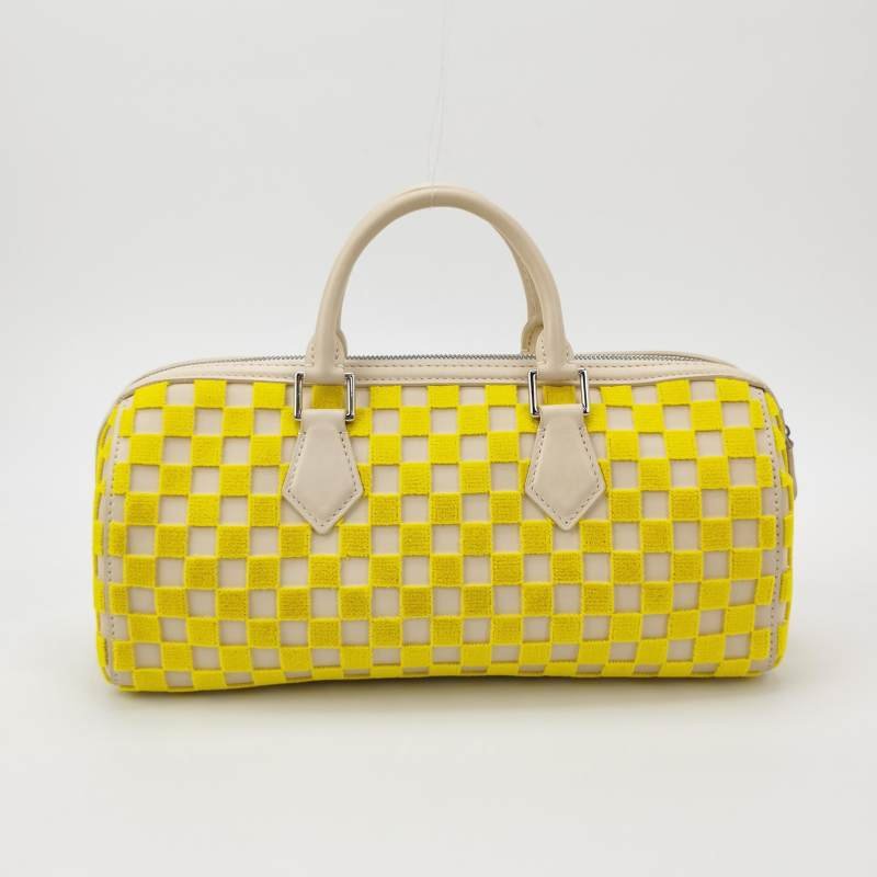Louis Vuitton(LV)Speedy牛皮絨布拼色棋盤格拉鏈手提包-4
