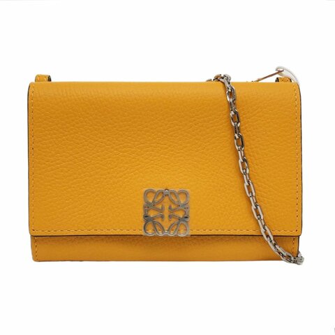 LOEWE 黃色牛皮老花單肩包 銀色五金 可拆卸肩帶 配件齊全