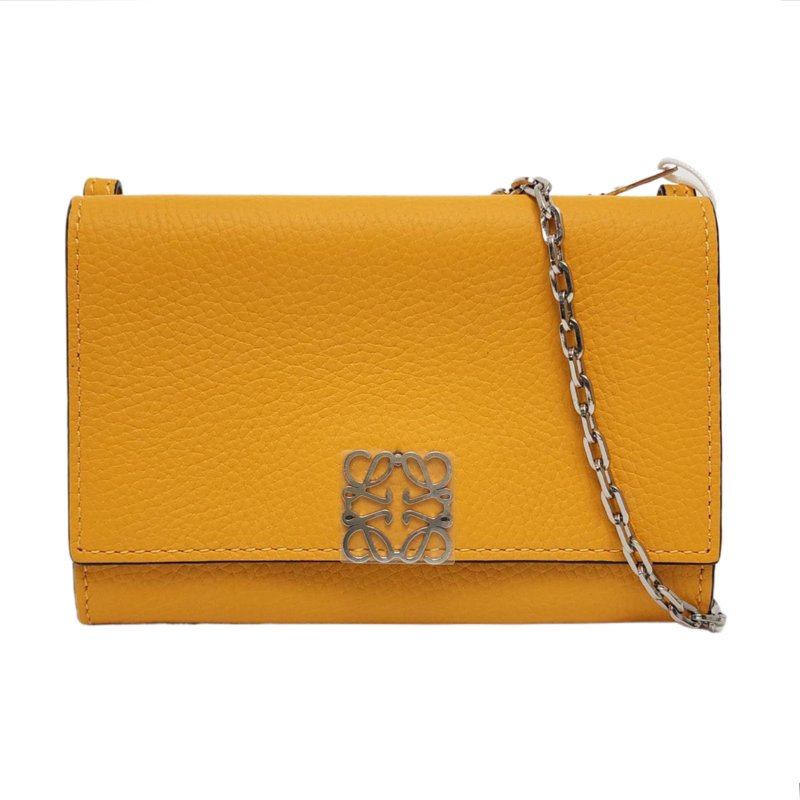 LOEWE 黃色牛皮老花單肩包 銀色五金 可拆卸肩帶 配件齊全-0