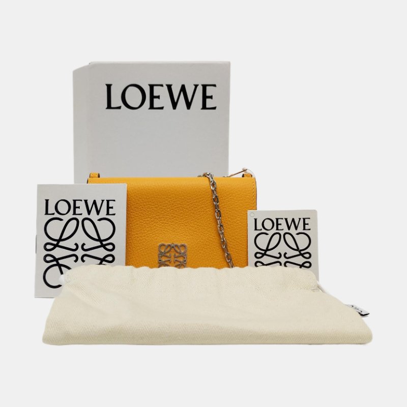 LOEWE 黃色牛皮老花單肩包 銀色五金 可拆卸肩帶 配件齊全-7
