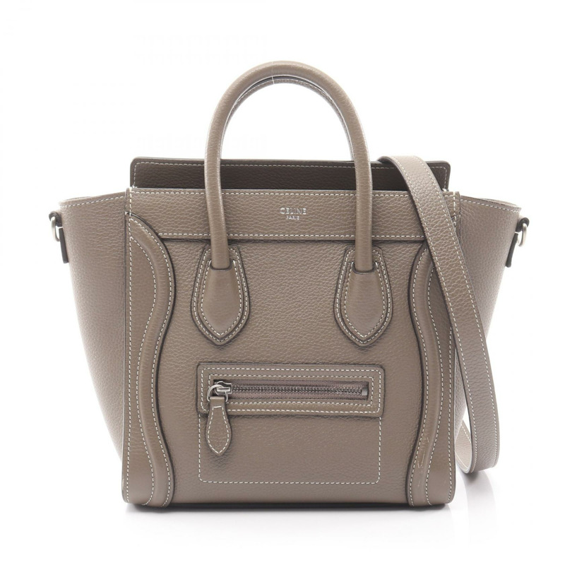 CELINE Luggage Nano Shopper 2Way 單肩手提包 皮革 灰色 二手 女士-0