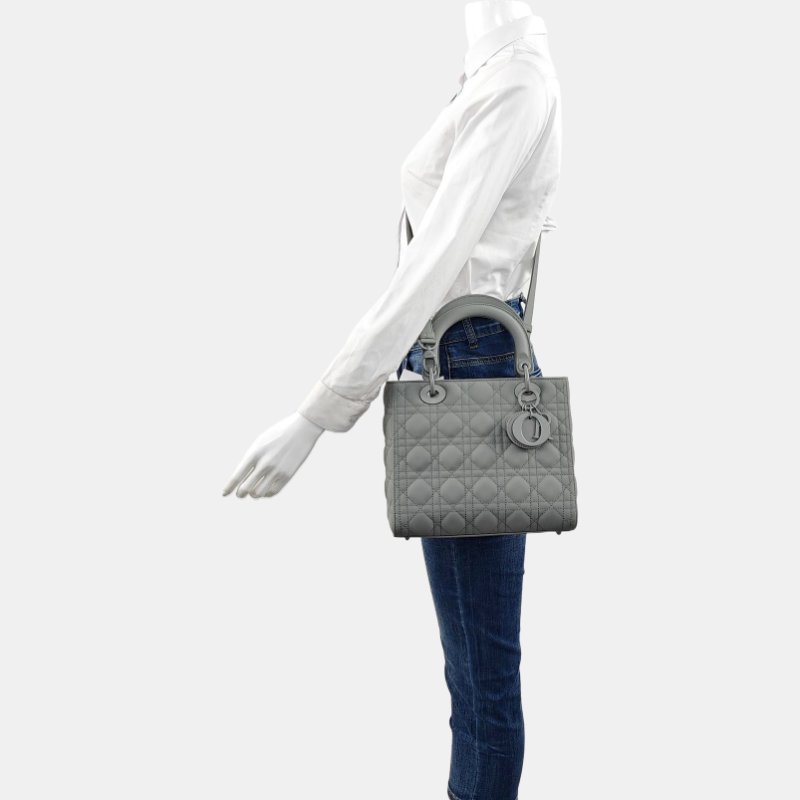 DIOR Lady Dior中號灰色牛皮絎縫戴妃五格單肩包 灰色五金 可拆卸肩帶 配件齊全-1
