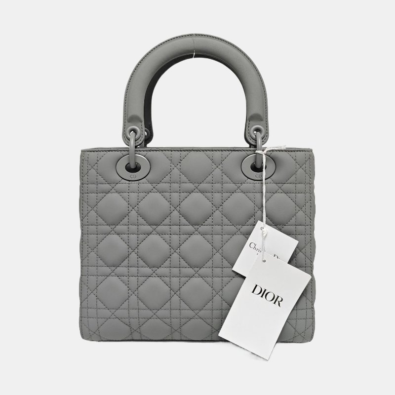 DIOR Lady Dior中號灰色牛皮絎縫戴妃五格單肩包 灰色五金 可拆卸肩帶 配件齊全-4