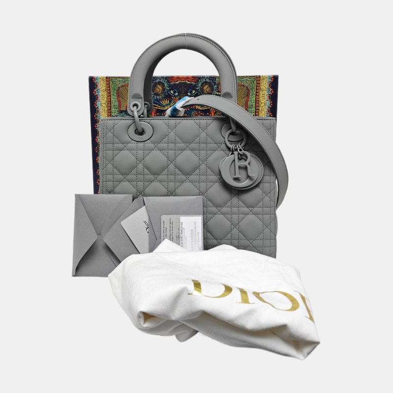 DIOR Lady Dior中號灰色牛皮絎縫戴妃五格單肩包 灰色五金 可拆卸肩帶 配件齊全-7