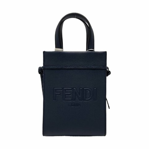FENDI 托特包迷你藍色牛皮浮雕單肩包手提包斜挎包 金色五金 可拆卸肩帶