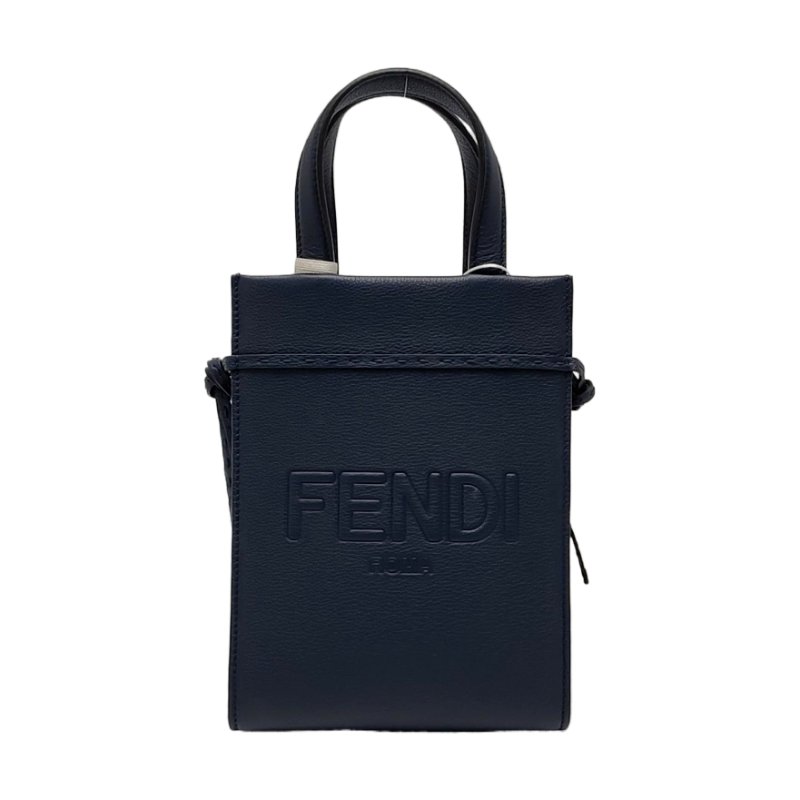 FENDI 托特包迷你藍色牛皮浮雕單肩包手提包斜挎包 金色五金 可拆卸肩帶-0