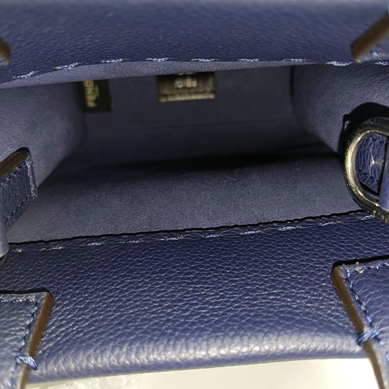 FENDI 托特包迷你藍色牛皮浮雕單肩包手提包斜挎包 金色五金 可拆卸肩帶-6