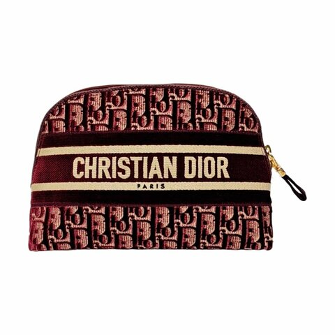 DIOR 酒紅色織物老花提花手拿包 金色五金 配件齊全
