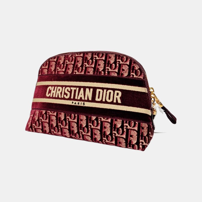 DIOR 酒紅色織物老花提花手拿包 金色五金 配件齊全-2