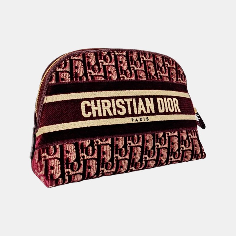 DIOR 酒紅色織物老花提花手拿包 金色五金 配件齊全-3