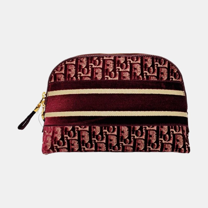 DIOR 酒紅色織物老花提花手拿包 金色五金 配件齊全-4