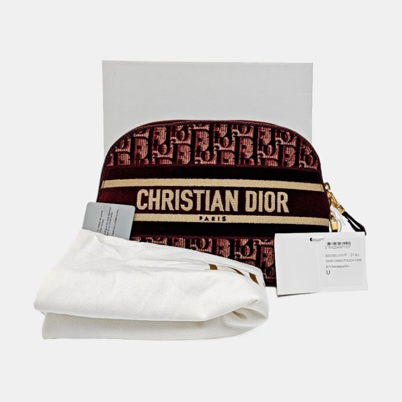 DIOR 酒紅色織物老花提花手拿包 金色五金 配件齊全-7