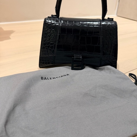 BALENCIAGA Hourglass 沙漏包 S碼 鱷魚壓紋｜黑色｜磨砂黑金屬