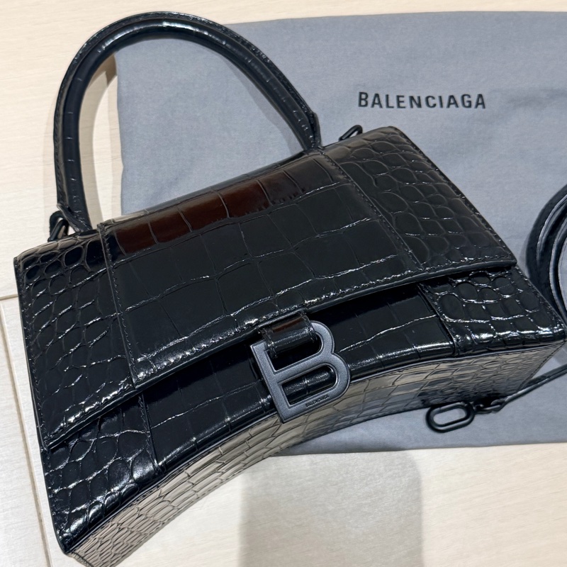 BALENCIAGA Hourglass 沙漏包 S碼 鱷魚壓紋|黑色|磨砂黑金屬-1