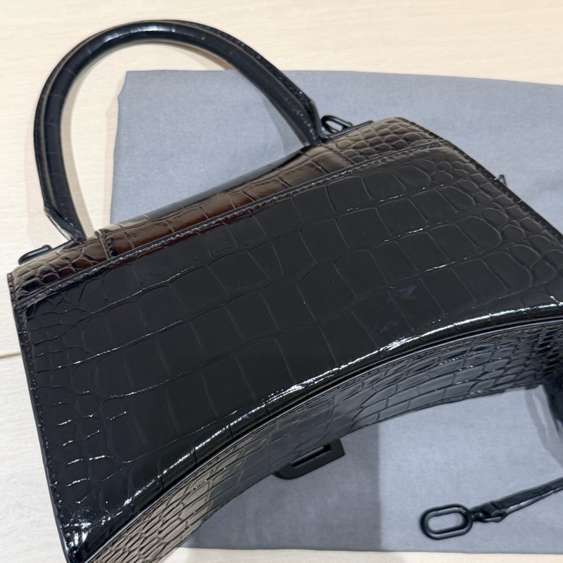 BALENCIAGA Hourglass 沙漏包 S碼 鱷魚壓紋|黑色|磨砂黑金屬-3